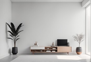 empty living room with wooden table and lamp empty living room with wooden table and lamp empty modern living room with sofa and coffee plant on white table. minimal design, scandinavian style. 3d ren - obrazy, fototapety, plakaty