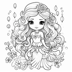 illustration of a mermaid, children's, drawing, linear, coloring, print