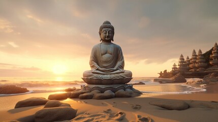 AI generated illustration of a Buddha statue silhouetted against a beautiful sunset over the beach