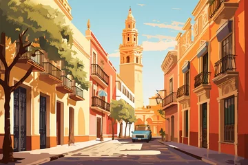 Foto op Canvas Illustration of a historic Spanish street with a landmark tower in Seville. Retro artwork with vibrant orange tones, resembling a 1970s postcard. Generative AI © James