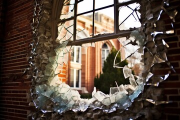 Damaged window with shattered glass, debris, and a brick nearby. Generative AI