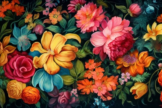 Colorful floral painting, repeating design on dark backdrop. Generative AI