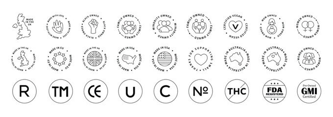 Origin and Regulatory Icons. Includes Made in USA, UK, EU, Australia symbols, and regulatory compliance icons for global standards and transparency