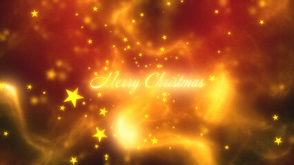 Merry Christmas greeting surrounded by gold particles with glowing gold stars falling from red and black gradient background.