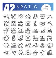 Set of Arctic icons. Thin outline style icon bundle. Vector Illustration
