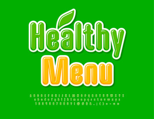 Vector eco concept Healthy Menu with decorative Leaves. Elegant Green Font. Modern glossy Alphabet Letters, Numbers and Symbols set