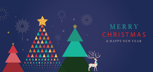 Christmas geometric banner background with christmas tree,reindeer.Editable vector illustration for postcard,horizontal size