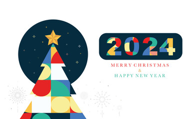 Christmas geometric banner background with christmas tree,reindeer.Editable vector illustration for postcard,horizontal size