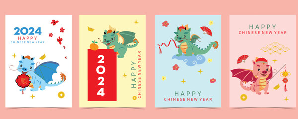 cute Chinese New Year background with lantern,dragon.Editable vector illustration for kid postcard,a4 size