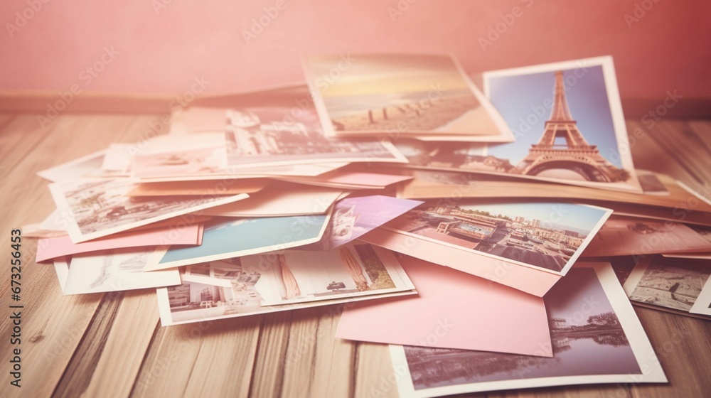 Wall mural ai generated illustration of an array of photographs displayed on a wooden table