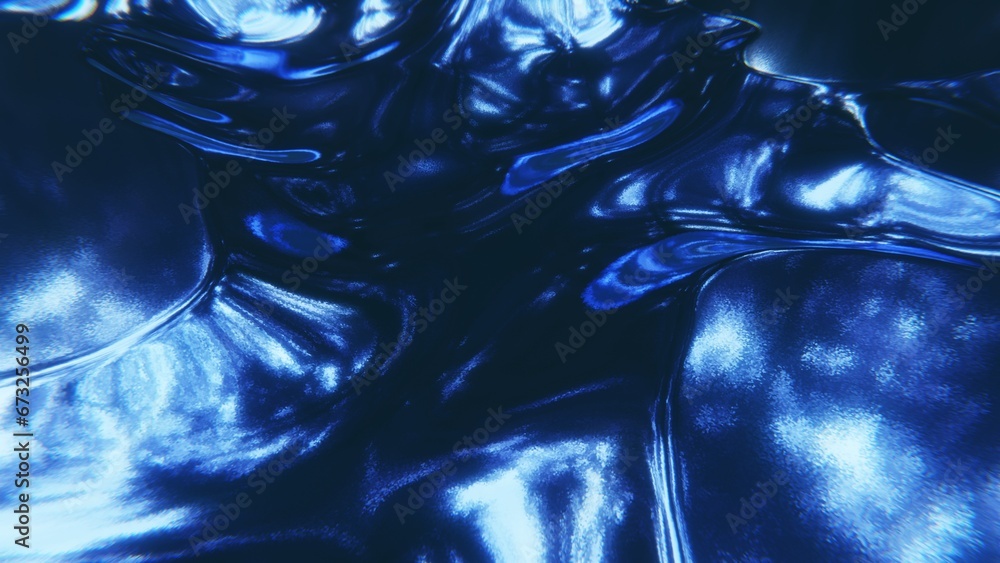 Poster Abstract 3D illustration of glitter chrome metallic oil neon blue puddle with reflective noise texture and random connected structure 4K computer graphics render