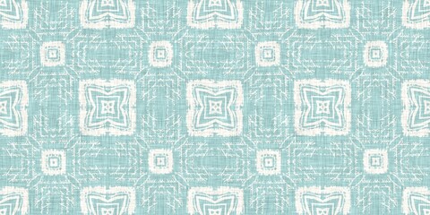 Obraz premium Aqua teal blue white vibrant watercolor batik azulejos tile border banner background. Seamless coastal blur linen effect geometric mosaic effect.Boho Patchwork nautical masculine summer ribbon trim. 