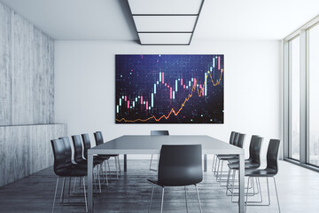 Abstract financial graph on tv display in a modern presentation room, financial and trading concept. 3D Rendering