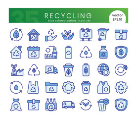 Set of recycling icons. Blue colored outline style icon bundle. Vector Illustration
