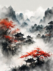 Watercolor print showcasing a Japanese style landscape featuring a serene and majestic mountains, stunning addition to home decor and design - generative ai
