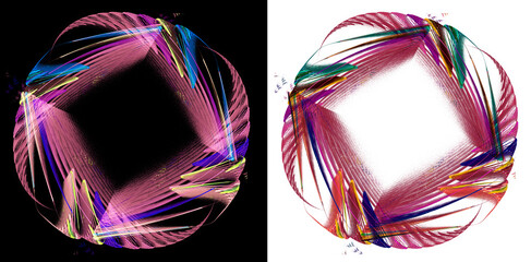 Colorful rounded frames with a square center on white and black backgrounds. Set of graphic design elements. 3D rendering. 3D illustration.