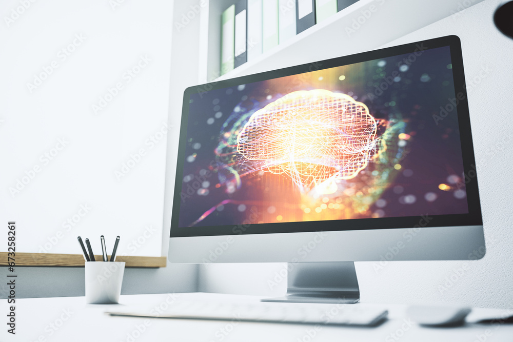 Poster modern computer monitor with creative artificial intelligence symbol. neural networks and machine le