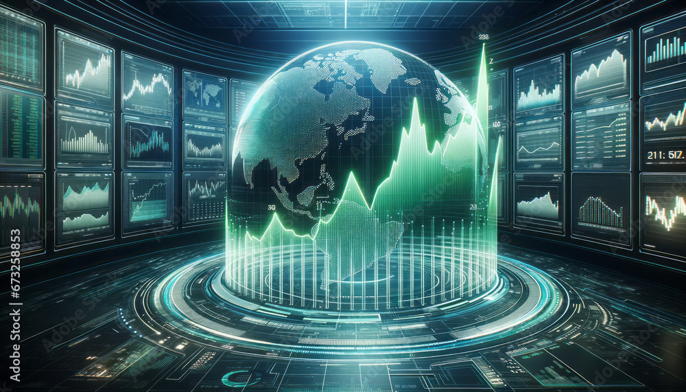 Poster Futuristic interface with glowing business charts. Generative AI