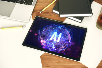 Creative artificial Intelligence symbol concept on modern digital tablet display. Top view. 3D Rendering