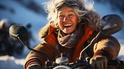 Portrait of happy confident senior female motorcyclists travels through the Norwegian fjords....
