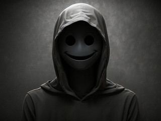 Person wearing hoodie and smile mask with dark grunge background.