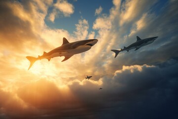 Naklejka premium Sharks soaring above golden hour sky with bright sunlight and blue clouds. Generative AI