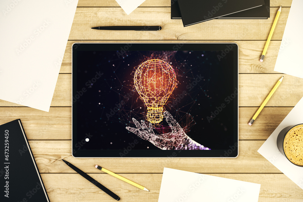 Poster creative light bulb hologram on modern digital tablet screen, idea concept. top view. 3d rendering