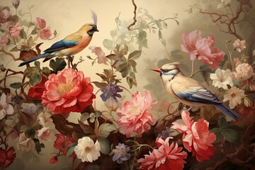 A vintage image featuring flowers and birds created using historical artworks. Generative AI