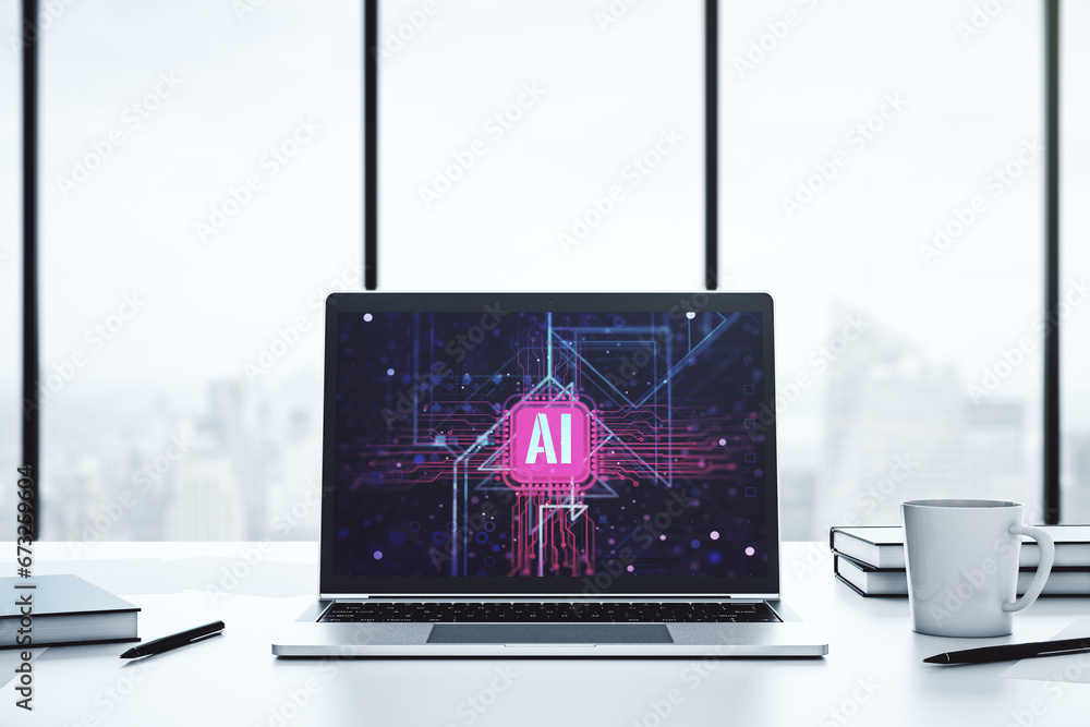Poster Creative artificial Intelligence symbol concept on modern computer monitor. 3D Rendering