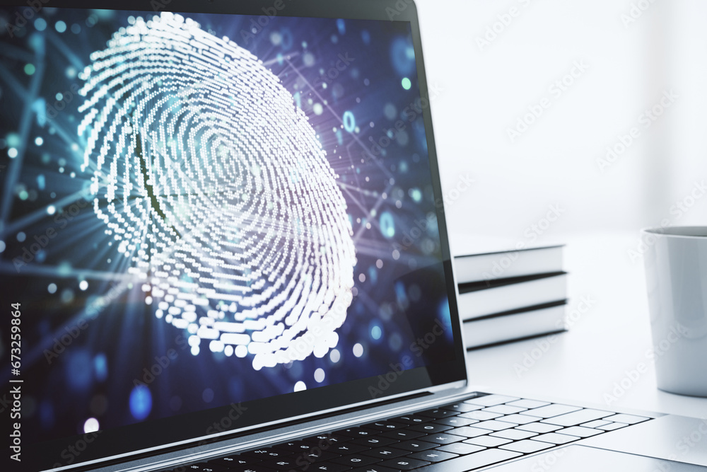 Poster abstract creative fingerprint illustration on modern laptop monitor, digital access concept. 3d rend