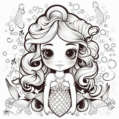 illustration of a mermaid, children's, drawing, linear, coloring, print