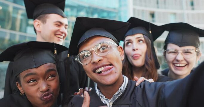 Selfie, graduation and funny with students, celebration and college with humor, expression and achievement. Face, people or group with robes, ceremony or education with profile picture, silly or post