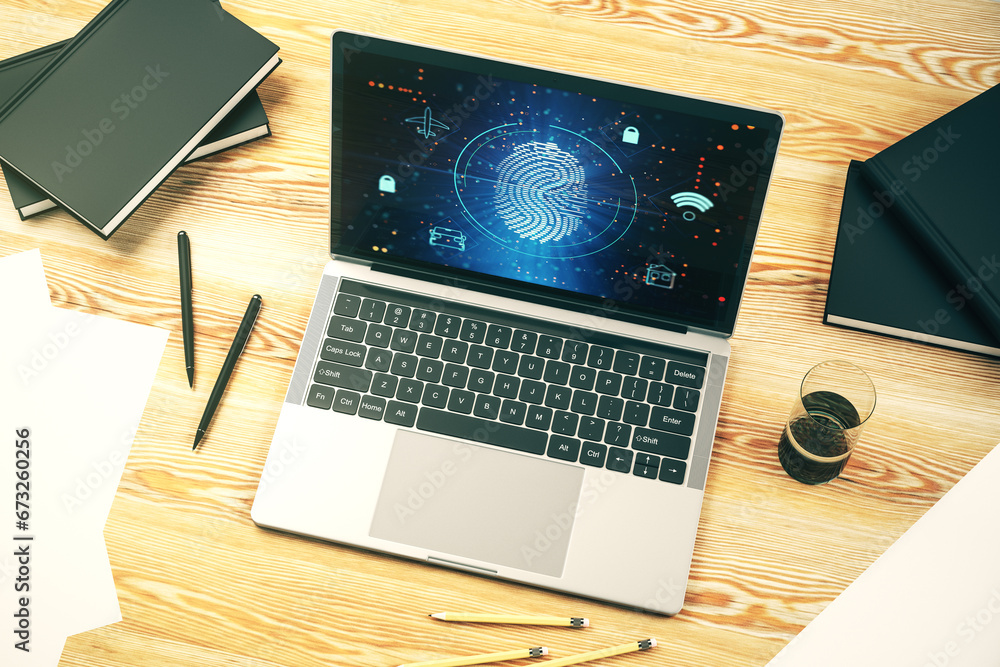 Leinwandbilder Computer monitor with abstract fingerprint scan interface, digital access concept. 3D Rendering