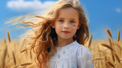  a beautiful little girl with the flag of Ukraine in a wheat field.