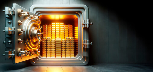 Bank vault door with gold bars inside. Generative AI - obrazy, fototapety, plakaty