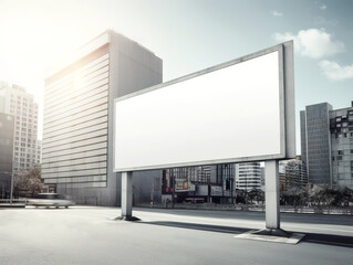 Blank billboard on road with cityscape background. Mockup. Generative AI