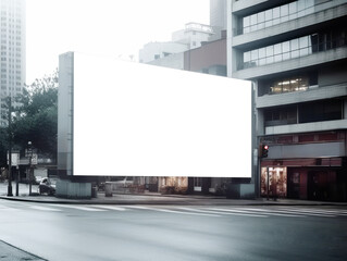 Blank white billboard on road with city background. Generative AI