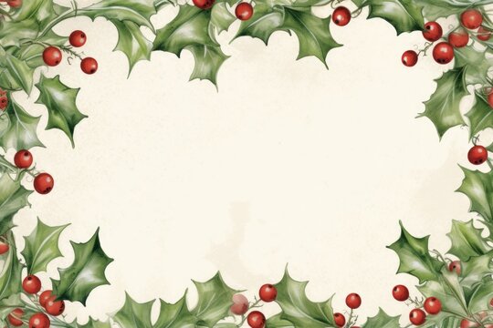 Festive Holly Berries Frame. Christmas Illustration with Holly Leaves, Berries, and Ribbon in Red and Green Border.