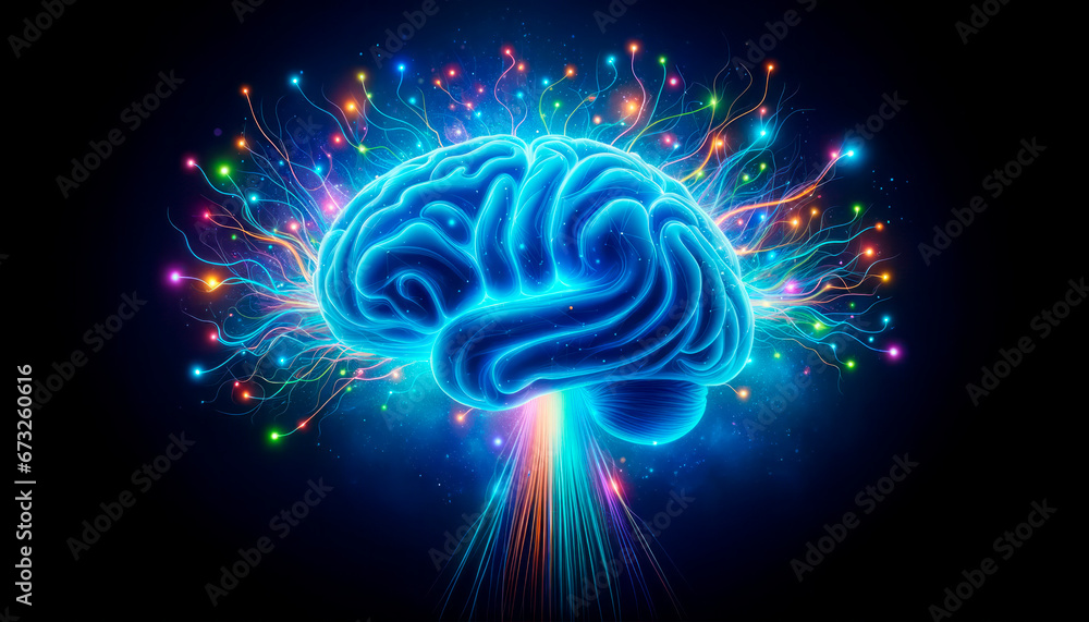 Poster human brain with glowing particles on a dark background. generative ai