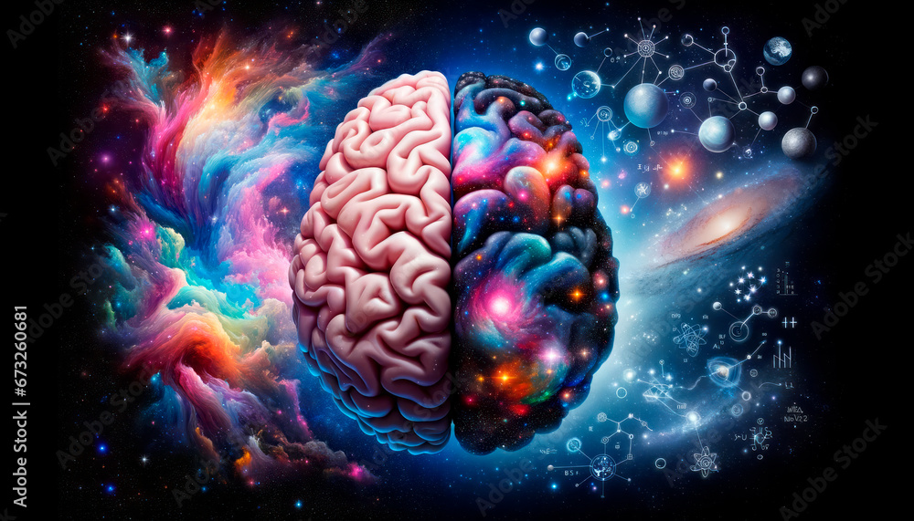 Poster human brain in space with colorful abstract background. generative ai