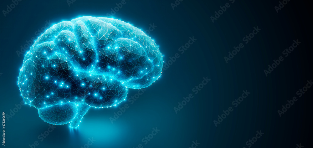 Poster creative glowing human brain on dark background. artificial intelligence concept. generative ai