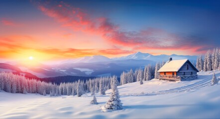 Fototapeta na wymiar Snow Cabin: A Stunning Winter Landscape with a Cozy Wooden House in Snowy Mountains. Experience the Serene Beauty of High Mountain Peaks in a Foggy Sunset Sky