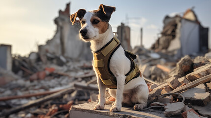 A bloodhound dog on the ruins of a building in the city. - obrazy, fototapety, plakaty