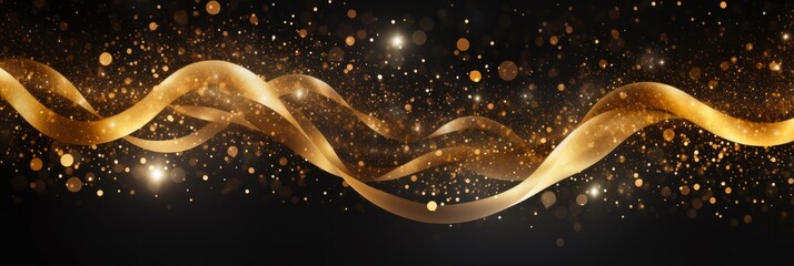 Sparkling Christmas Award: Golden Abstract Background with Glowing Stars, Swirls, and Angle - obrazy, fototapety, plakaty