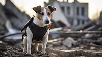 
A bloodhound dog in a bulletproof vest on the ruins of a building in the city.
 - obrazy, fototapety, plakaty