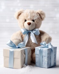 Teddy Bear Christmas: Cute Bear with Christmas Gift on White Background. Funny and Heartwarming Holiday Card.