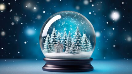 Fototapeta na wymiar Winter Snow Globe. Christmas Snowflake Ball with Snowfall on Blue Background. A Beautiful Christmas Decoration for a Cold Blizzard.
