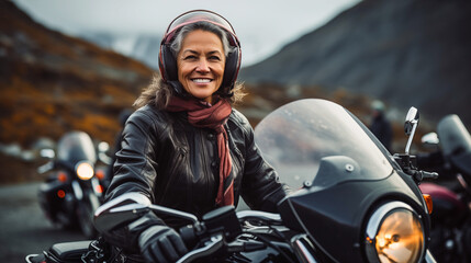 Portrait of happy confident senior female motorcyclists travels through the Norwegian fjords. Concept of active age with gender diversity
