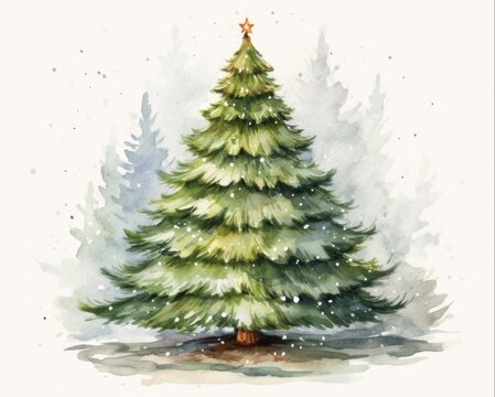Water Color Christmas Tree. Festive Watercolor Illustration of a Decorated Christmas Tree for the Holiday Season and New Year Celebration.