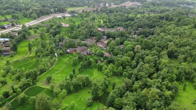 Aerial footage of the Nature Village on a cloudy day in Ratnagiri, Maharashtra, India